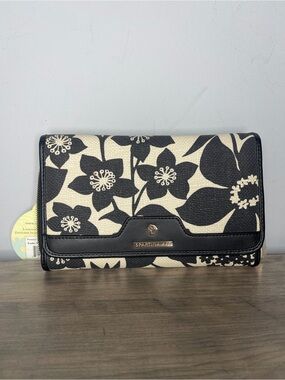 Spartina 449 snap wallet large floral linen leather black new
